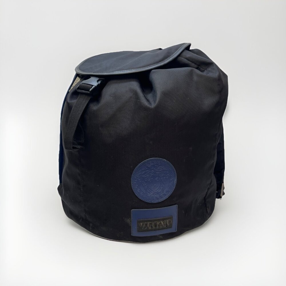 Versace Parfums Medusa Head Drawstring Backpack Black Blue Logo Gym Bag Read*